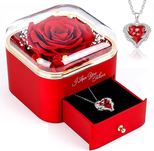 Gifts for Women Birthday, Preserved Rose with Necklace, Birthday Gifts for Mom Forever Real Rose, Large 4.3" Red Eternal Rose Gifts for Girlfriend Grandma Mom Wife Gifts for Anniversary