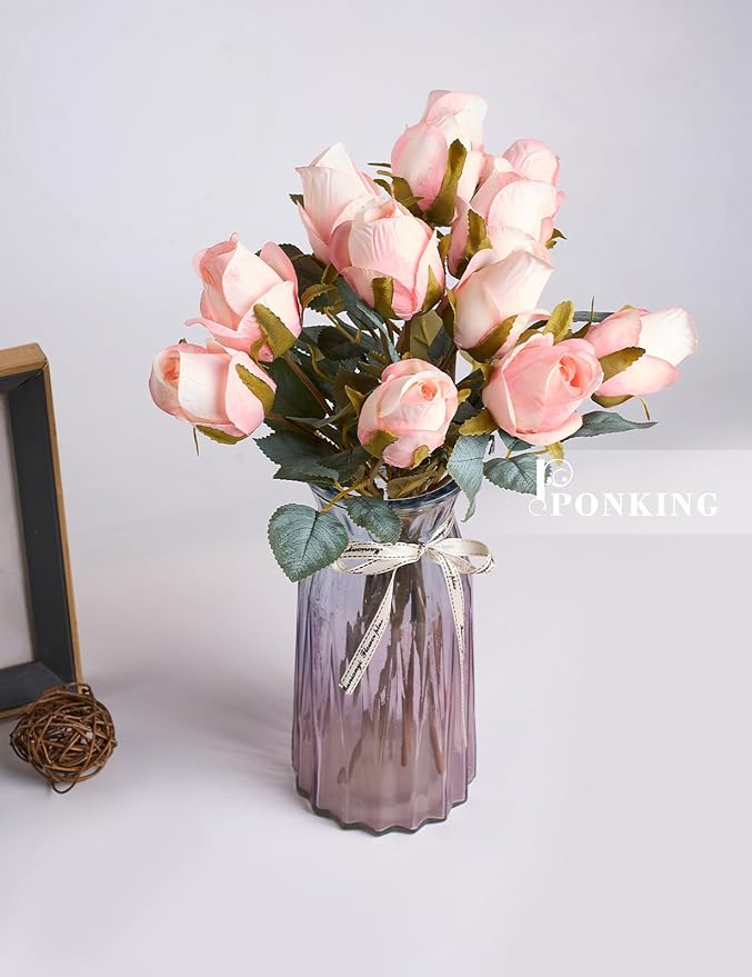 Rose Artificial Flower Buds 12pcs Realistic Faux Silk Roses Fake Flowers Bouquets Arrangements Decor for Wedding Spring Mother's Day, Home Table Decorations, Champagne Flower