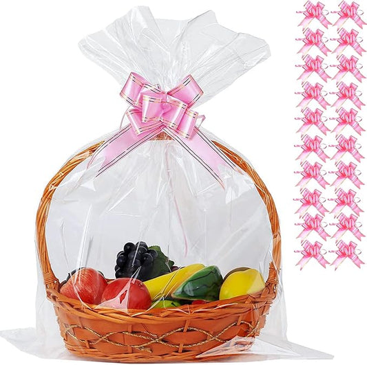 UltraOutlet 100 Packs Large Cellophane Bags 18" x 24" Clear Cellophane Gift Basket Wraps 2.3 Mil Thick Clear Cello Bags for Fruit Basket, Gift Wrap, Treats, Arts and Crafts, 100ct Ribbon Bows
