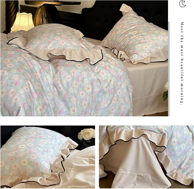 HighBuy Pink Floral Lace Duvet Cover Twin Size,Brushed Cotton Soft Coquette Ruffle Flower Bedding Duvet Cover Set,Blue White Ruffled Shabby Chic Farmhouse Duvet Cover and Pillow Shams,- Twin