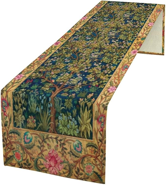 William Morris Table Runner, Boho Rustic Ethnic Tree of Life Flower Original Design Print Table Runner for Home Party Dining Room Kitchen Decor 13x36 Inch