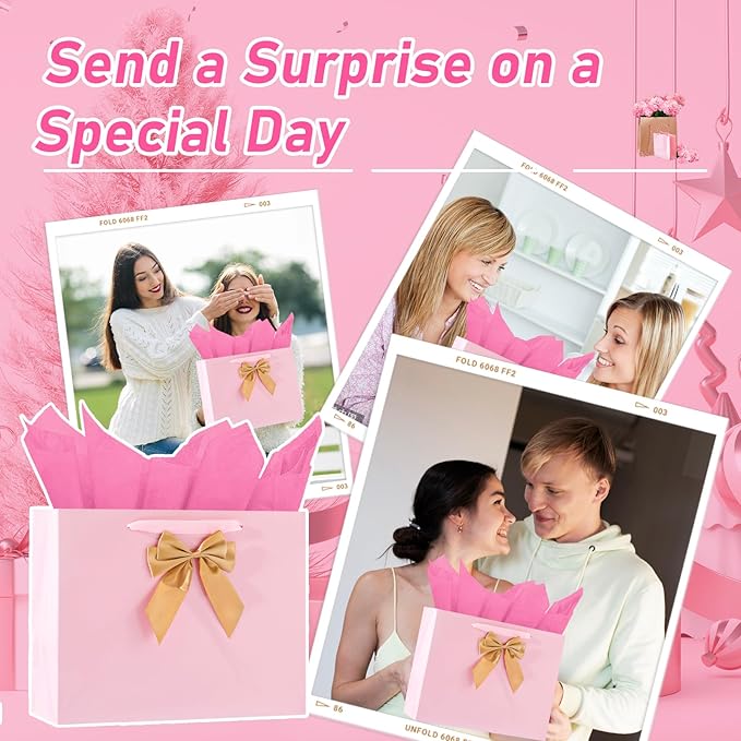 Bloomwords 13" Pink Gift Bag Set - 1 Large Paper Bag with Bow, Greeting Card & 2 Tissues, Sturdy Handles for Birthdays, Mother's Day & Special Occasions