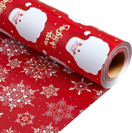 MAYPLUSS Red Christmas Wrapping Paper Roll - 17IN X 33FT - Santa Gift Wrapping Paper Featuring Santa Claus Gold Merry Christmas Reversible Snowflake for Kids, Holiday, New Year