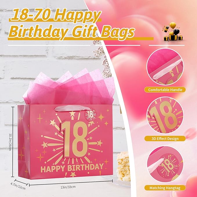 Bloomwords 18th Birthday Gift Bag Set with Card & Tissue – 13" Elegant Keepsake Party Bags for Unisex Anniversaries, Gift Wrapping & Celebrations(Pink)