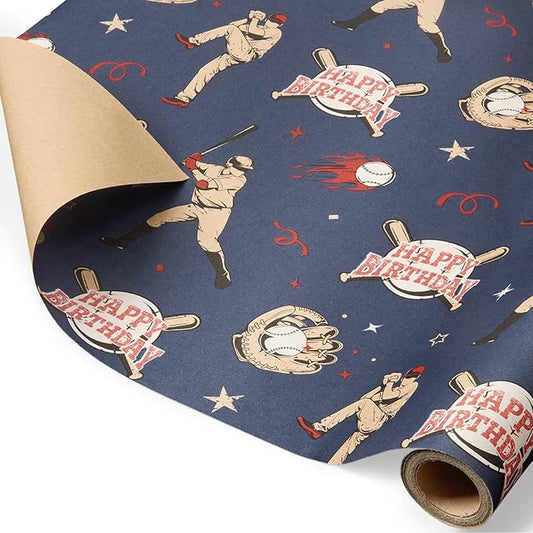 WERNNSAI Baseball Kraft Wrapping Paper - 1 Roll 17”x 16.4ft Sports Birthday Wrapping Paper Blue Gift Wrap for Men Boys Birthday Present Packing Decoration Player Gloves Ball Design