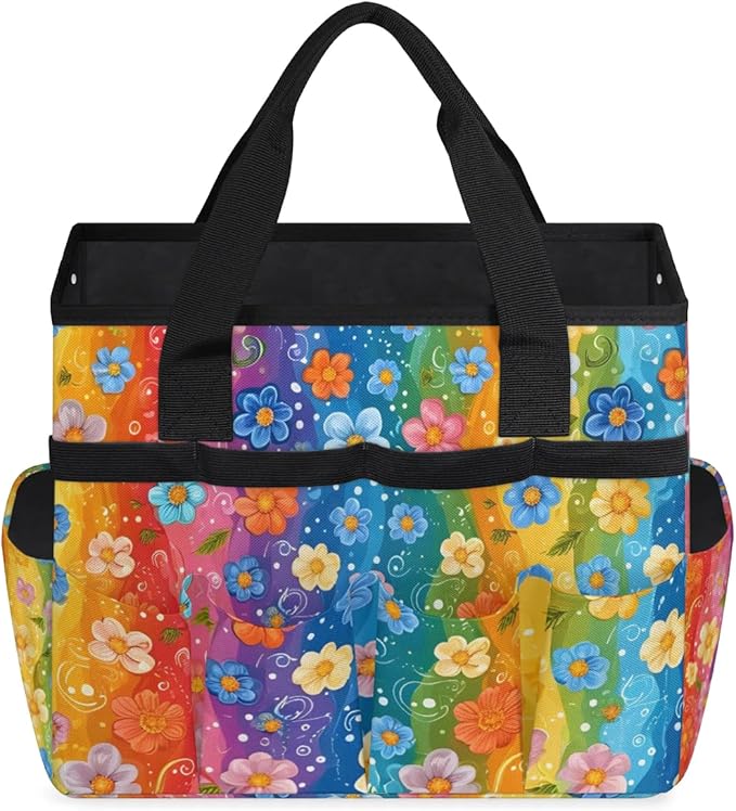Garden Tool Bag Organizer Garden Tote Bag with Pockets Rainbow Small Flowers Tool Storage Organizer Gardening Tool Kit Holder 13" x 6.8" x 2.8"