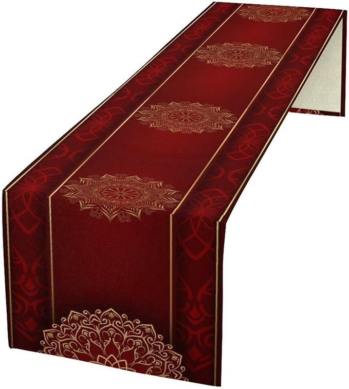Luxurious Bohemian Table Runner, Red Gold Mandala Floral Boho Decor Table Runner for Kitchen Dining Festive Holiday Party Wedding Gathering, 13x70 Inch