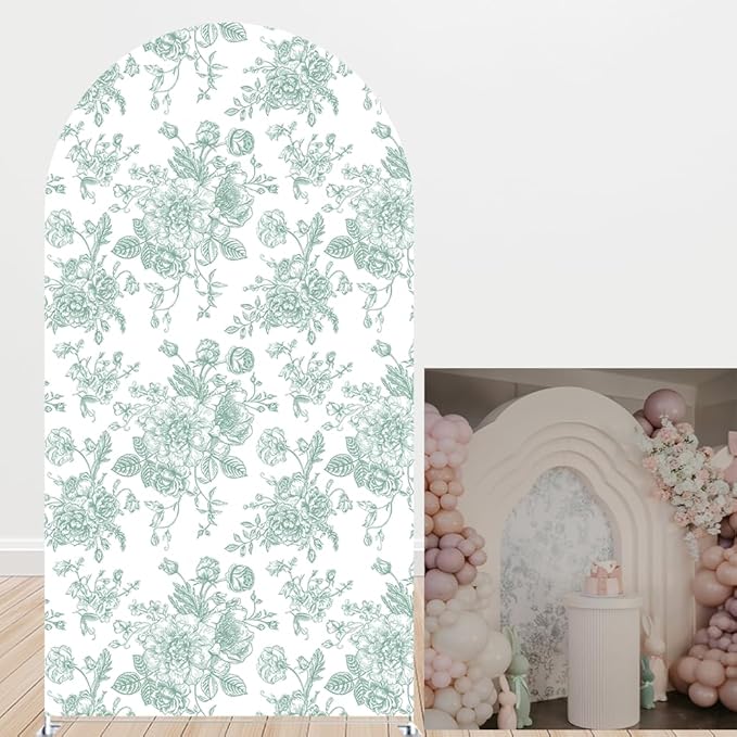 French Toile Arch Backdrop Cover Blue White Floral Baby Shower Birthday Party Elegant Vintage Theme Spandex Arch Stand Cover for Boys Newborn Celebration Tea Party Decor (G-4265,7.2FT)