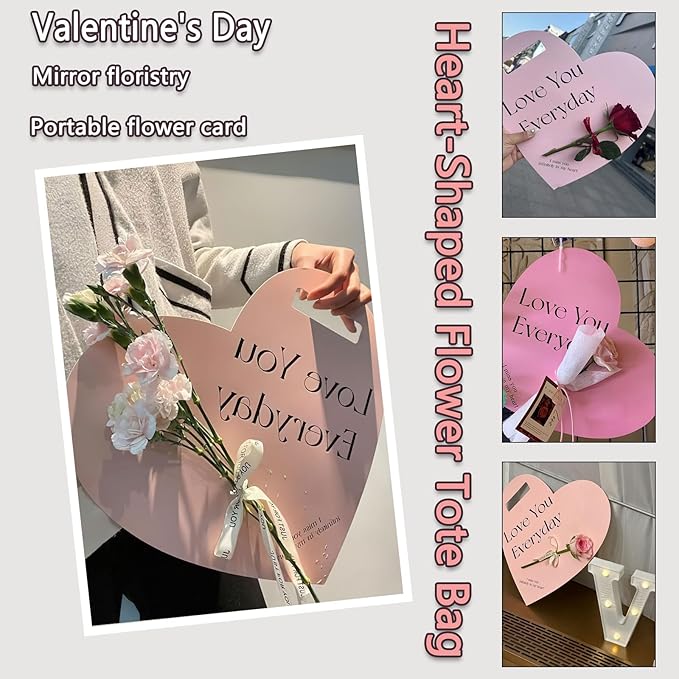 Ylapagne 5 PCS Valentine's Day Handheld Flower Wrapping Box Heart Shaped Flower Tote Single Rose Bouquet Packaging Floral Boxes for Valentine's Day Mother's Day Wedding(Pink)