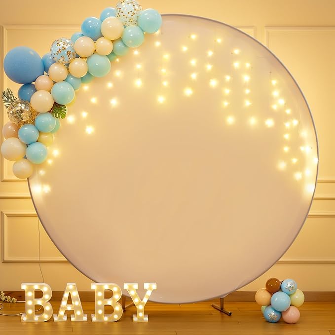 7.2 FT White Round Backdrop Cover with Lights String for Circle Arch Stand Circle Backdrop Cover with LED Fairy Lights for Wedding Arch Baby Shower Birthday Party Photo Shoot Photography Background