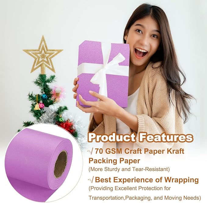 PATIKIL Wrapping Paper, 17" x 450"(37') 70 GSM Craft Paper Roll Kraft Packing Paper for Poster Bulletin Board, Gift Wrapping, Light Pink