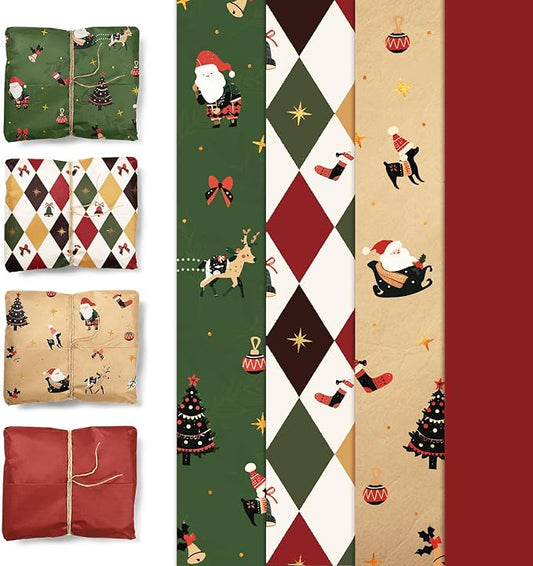 Aobkiat Christmas Tissue Paper for Bags,24 Sheets Red Green Santa Claus Reindeer Styles Gift Wrap Paper for Present Package,Wrapping Xmas Gift/Wine Bottles,DIY Craft,20×15inch/Sheets