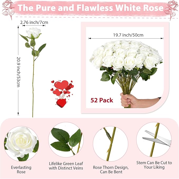 White Roses Artificial Flowers Bulk, 52Pcs Fake Roses White Flowers, DIY Silk Faux Roses Bouquet, Realistic White Faux Flowers Mohter's Day Valentine's Day Decor