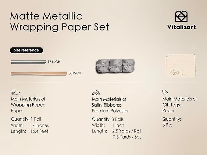 Vitalizart Silver Matte Metallic Wrapping Paper Set 17" With Silk Satin Ribbon & Gift Tags Christmas Gift Wrapping Birthday Baby Shower Wedding Bouquets Handmade Crafts 197"(16.4 Ft) Silver Ribbon