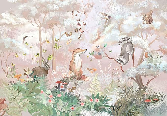 Kids Safari Wallpaper Butterfly Fox Forest Animal Wallpaper Mural with Pink Background for Girl's Room Decoration(Not Self-Adhesive)