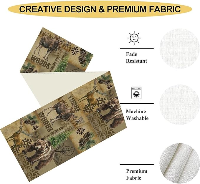 Rustic Cabin Table Runner, Farmhouse Deer Bear Retro Pine Forest Native Aztec Wild Animal Seasonal Coffee Table Center Decor for Home Kitchen Dining Patio Holiday Party Table Decorations 13x72 inches