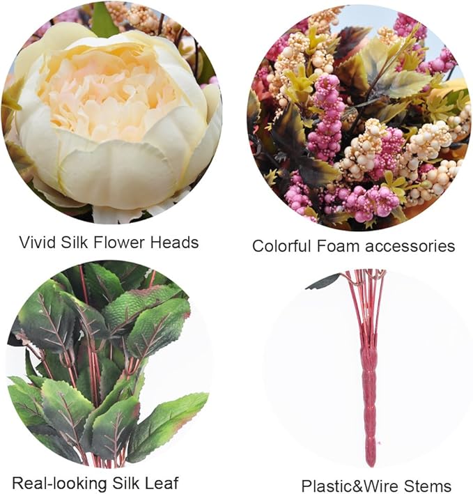 1pcs Artificial Peony Bouquet,19 Inch Silk Peony Bunch with 7 Faux Flowers,Classical Style Artificial Flowers with Leaves and Ornaments for Wedding,Home Décor Centerpieces(White)