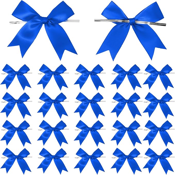 50 Counts Royal Blue Twist Tie Bows 3.1" Pre-Tied Satin Ribbon Bow Decor Mini Twist Tie Bows for Gift Wrapping Treat Bags Cake Bridal Baby Shower Birthday Party Favors Wedding Decorations
