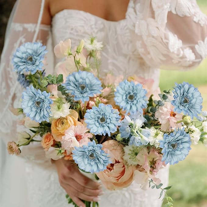 Daisy Flowers Artificial Flowers Blue Silk Flowers Gerber Daisy Artificial 10PCS Fake Daisies 17.7in Faux Daisies for Wedding Bridal Bouquet Party Home Kitchen Decor(Blue)