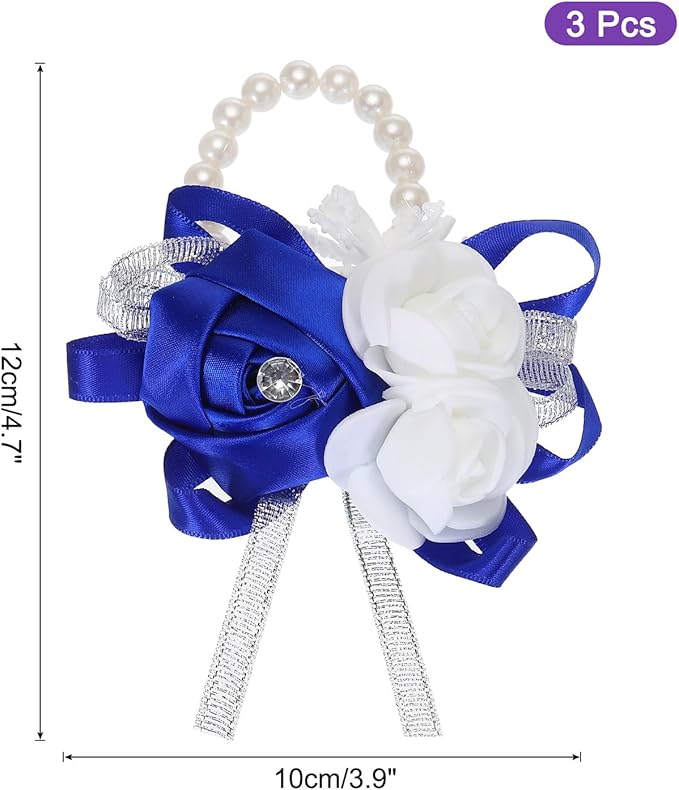 MECCANIXITY 3Pcs Wrist Corsage Artificial Flower Bracelets Rose Wrist Bride Groom Decorative for Wedding Ceremony Prom Party Anniversary Dark Blue