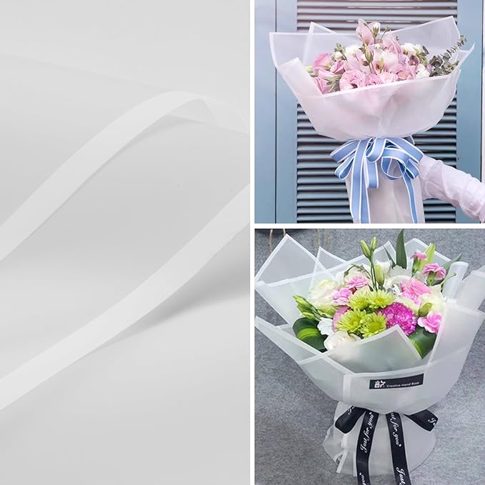Kosotody 20 Sheets Frosted Flower Wrapping Paper White Line Waterproof Florist Bouquet with Ribbon for Bouquets DIY Crafts Packaging Bouquet, 22.8x22.8 inch (White)