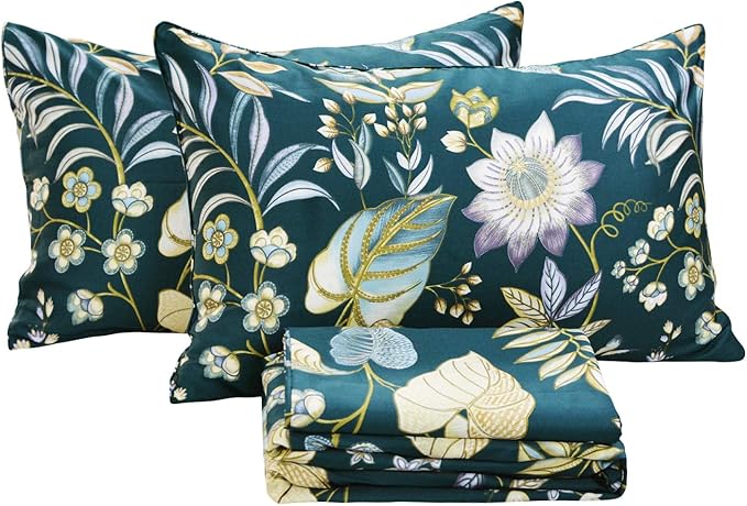 FADFAY Sheets Set Twin XL Teal Elegant Floral SheetsTropical Plam Leave Sunflower Bedding 800 TC Luxury Summer Bedding 100% Egyptian Cotton Deep Pocket Bed Sheets Set, 4 Pieces-Twin Extra Long Size