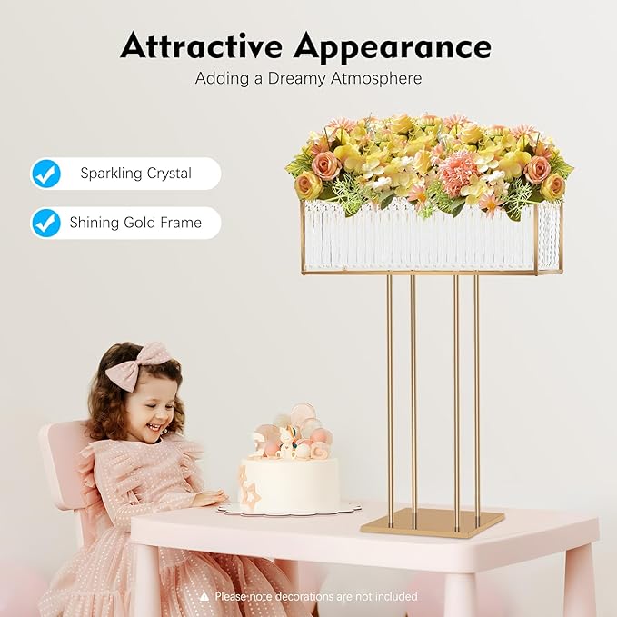 Gold Wedding Flower Stand, 35.4 Inch Elegant Tall Wedding Centerpiece Stand with Crystal Pendants, Flower Holders Floral Display Rack for Wedding Home Party Decoration