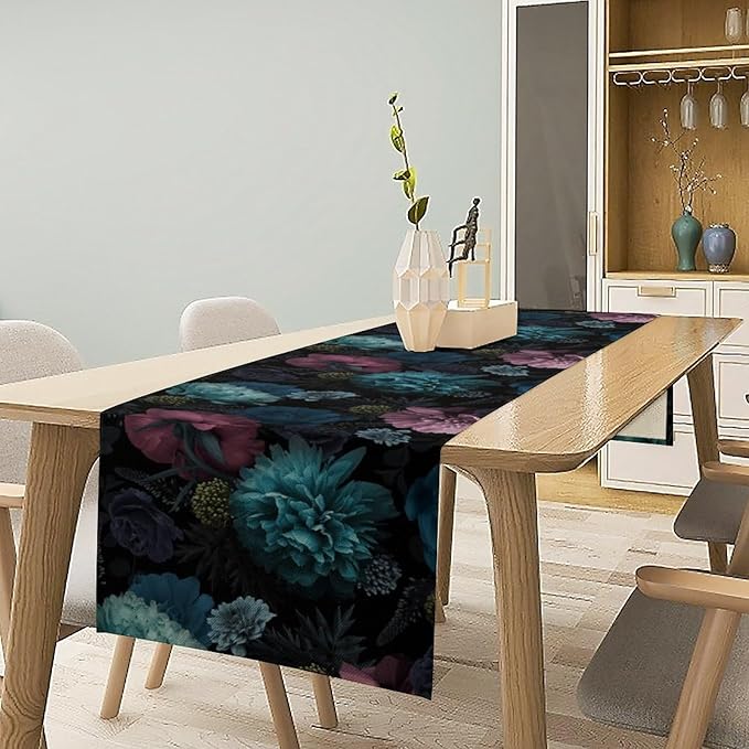 Gothic Flowers Table Runner,Vintage Garden Floral Prints Table Runner for Home Kitchen Table Dining Indoor Outdoor Party Decor 13x36 Inch