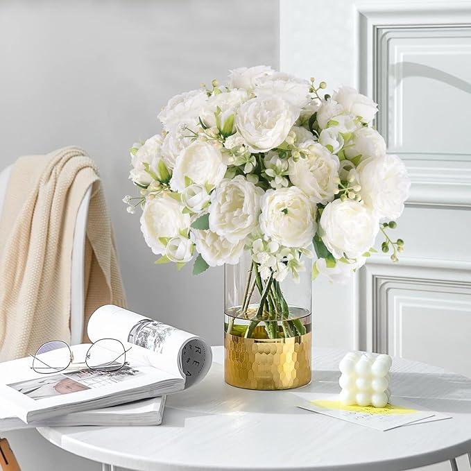 Artificial Peonies Silk Flowers, White Faux Peony Bouquet 2 Bundles Florals Arrangements Decor for Farmhouse Home Boho Wedding Table Centerpiece, Fake Plastic Flowers Bulk for Vase Decoration (White)