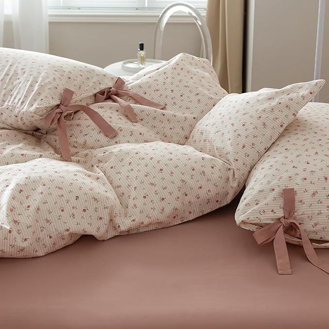 AOJIM Floral Print Bedding Duvet Cover Full Size, Soft Cotton Comforter Cover Set 3pcs for All Seasons, 1 Skin-friendly Duvet Cover 80x90'' with Zipper Closure and 2 Pillowcases with Bowknot, No Duvet