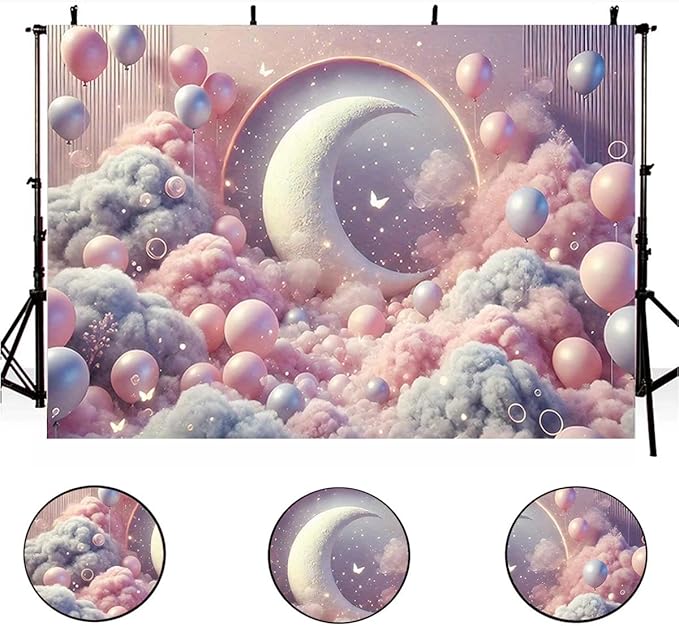 Dreamy Moon and Balloons Backdrop Pink Dreamy Balloon Moon Baby Birthday Decoration Kids Portrait Photo Backdrop Newborn Baby Photography Background (5x3feet)