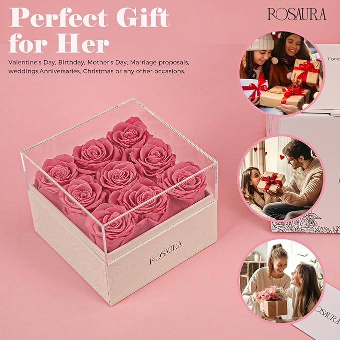 Rosaura Square Preserved Roses Gift Box - Real Forever Flowers in Clear Acrylic Lid, Christmas, Valentine's for Women (Pink, 9 Roses)