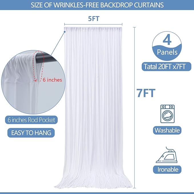 Wrinkle Free White Backdrop Curtain for Parties 20x7ft Soft Fabric Drapes Wedding White Curtain Backdrop for Birthday Party Decorations Background for Photography 5x7ft, 4 Panels