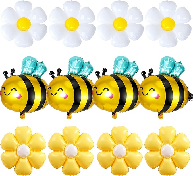 Bee Balloons Daisy Flower Balloons Set Yellow,White Daisy Flower and Bee Foil Mylar Balloons(5+5+5) for Baby Shower Gender Reveal Birthday Party Decorations Fall Bee Theme Balloon Arch Kit