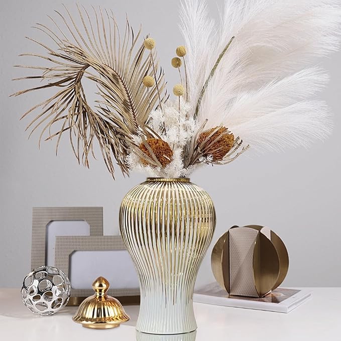 Ginger Jar, White Gold Ceramic Vase Large Handmade Porcelain Vases with Lid, White Gold Decorative Flower Vase for Home, Living Room, Weddings, Centerpieces (B-Large)