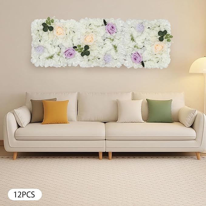 Flower Wall Panel Set,Artificial Wall Flower Backdrop,12 Pcs 15" X 15" 3D Silk Hydrangea Rose Floral Panel,Faux Roses Artificial Flower Backdrop for Wall Decor (12 PCS White&Purple)