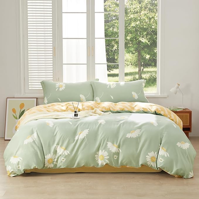 SAPHREAS Green Duvet Cover Set Queen Size 3pcs White Daisy Floral Printed Bedding Comforter Cover Set 100% Cotton 1 Duvet Cover 90"x90" 2 Pillow Shams, Comforter Not Included