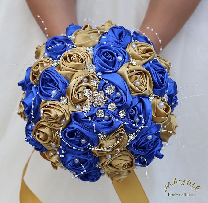 Bridal Wedding Bouquet Round Bling Brooch Bouquet Throw Toss Artificial Rose Flower Bunch for Bride Bridesmaid Wedding Quinceanera(Royal Blue & Gold, 6.3")