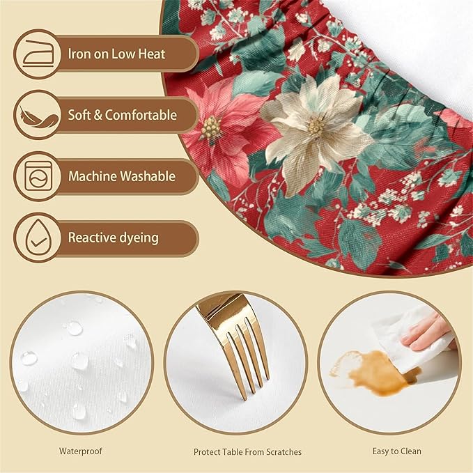 Rectangle Table Cloth Cover Waterproof Elastic Fitted Polyester Fitted Tablecloths for 6 Foot Tables for Indoor,Picnic, Camping, Outdoor （72" x 30"，Christmas Flowers）