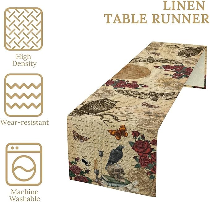 Gothic Floral Table Runner, Retro Dark Skull Moth Vintage Flower Halloween Day of Death Witchy Coffee Table Center Decor for Home Kitchen Dining Patio Holiday Party Table Decorations 13x108 inches