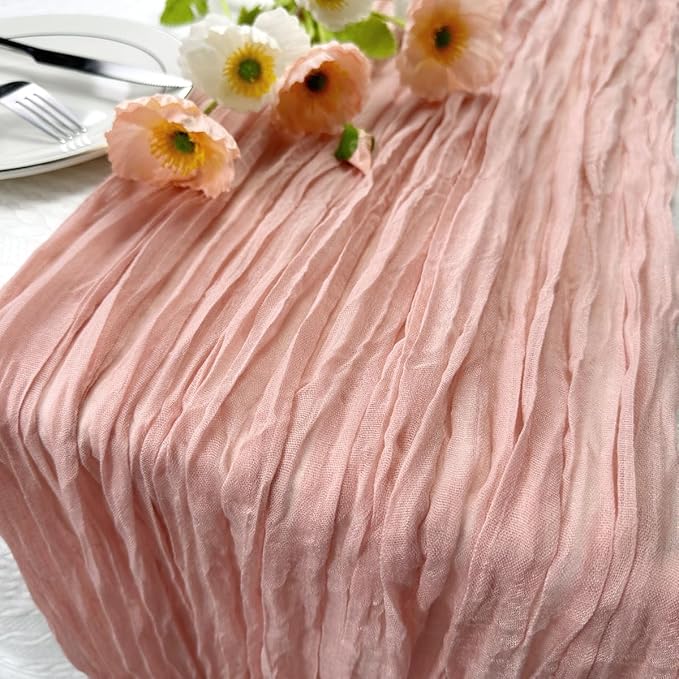 Booque Valley 3 Pack Dusty Pink Cheesecloth Table Runner 10ft Super Soft Boho Wrinkled Gauze Sheer Cloth for Baby Shower Baptism Birthday Party Wedding Centerpiece Table Decoration, 35x120 Inch