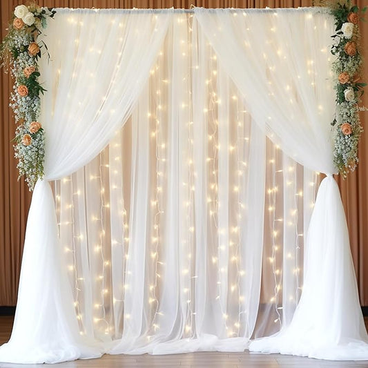 30x10ft White Tulle Backdrop Curtain with Lights String for Parites, Sheer Backdrop Curtains for Wedding Baby Shower Birthday Party Photo Shoot Decorations