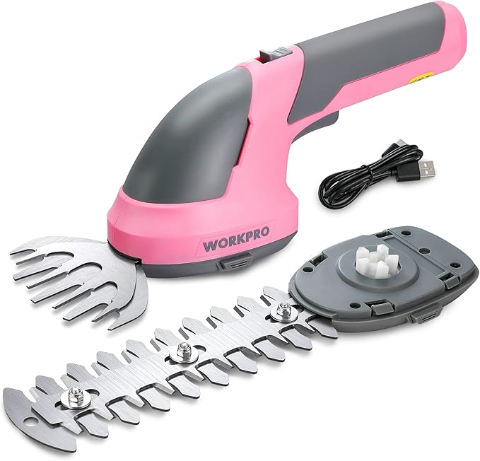 WORKPRO Cordless Grass Shear & Shrubbery Trimmer - 2 in 1 Handheld Hedge Trimmer 7.2V Electric Grass Trimmer Hedge Shears/Grass Cutter Rechargeable Lithium-Ion Battery and Type-C Cable - Pink Ribbon