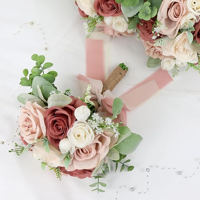 Set of 2 Bridesmaid Bouquets for Wedding - 7 Inch Artificial Flowers Bouquets for Ceremony Anniversary Centerpieces Decorations - Pink and White