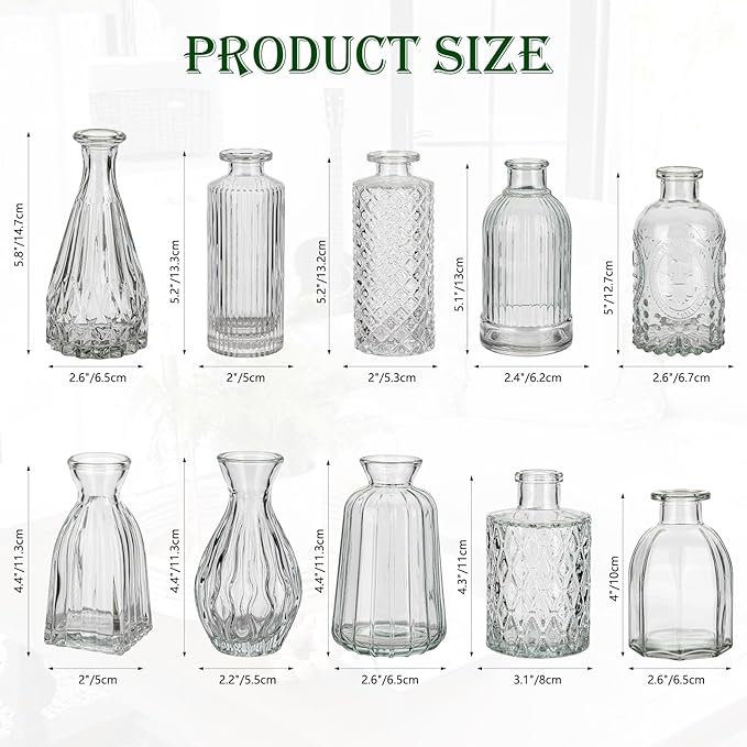 Glass Bud Vases Set of 10, Small Clear Vase in Bulk for Centerpieces, Mini Flower Vases for Rustic Wedding Vintage Home Table Decor