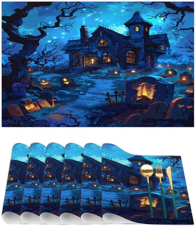 Halloween Castle Scary Blue Placemats Set of 1 PVC Vinyl Non Slip Table Mats Heat Resistant Place Mats Washable Wipeable Dining Table Mat for Kitchen Decor Party Indoor Outdoor Decorative Gift