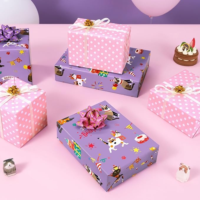 WERNNSAI Cat Birthday Wrapping Paper Roll - 1 Roll 17”x 66 ft Cat Gift Wrapping Paper Pink Purple Reversible Wrapping Paper for Girls Kids Birthday Party Gift Wrap with Polka Dot Design