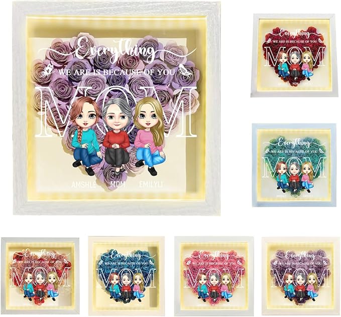 Personalized Mom Flower Shadow Box with LED Light Custom Heart Shaped Rose Flower Shadow Box Frame Everything We Are Is Because Of You Mother's Day Portrait Shadowbox Memory Gifts for Mom