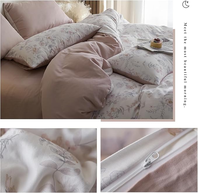 VM VOUGEMARKET King Duvet Cover Set,Blue Pink Flower Duvet Cover with 2 Pillowcases Cooling Breathable Lyocell & Cotton Bedding Set for Girls & Women (Blush Pink, 104x90 Inch)