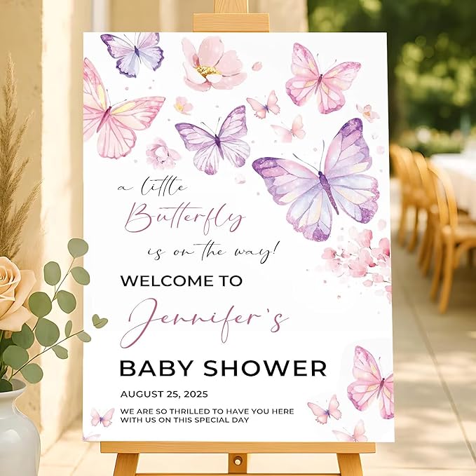 Personalized Baby Shower Welcome Sign With Stand, Baby Shower Yard Sign Template, Forest Animal Yard Sign Decorations For Girl, A Little Butterfly For Girl Welcome Sign